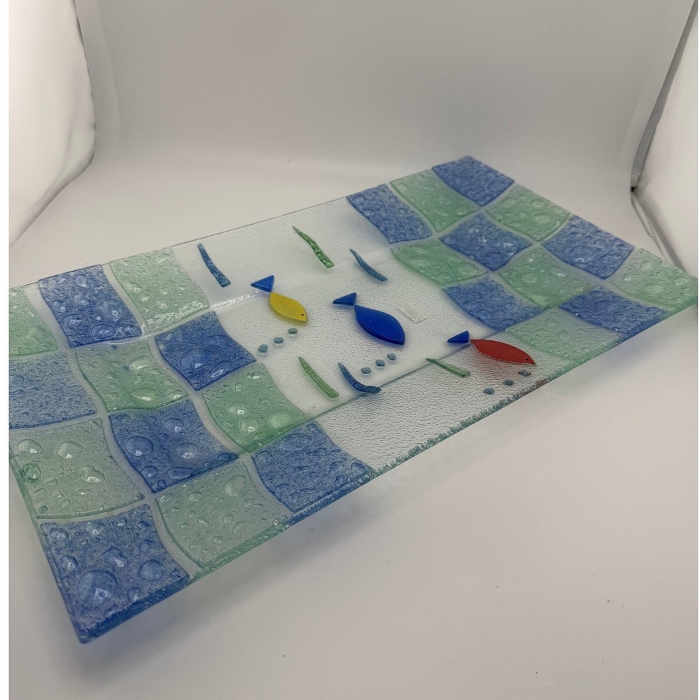 Glass Rectangular Serving Dish With Blue Green Checkered Border and Fish‎ Design